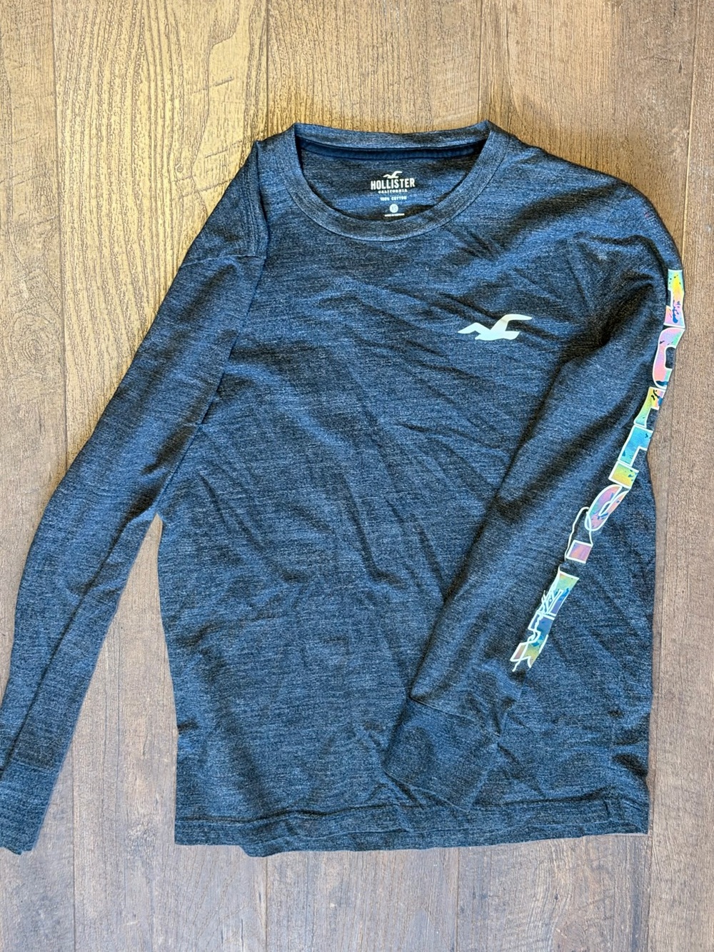 Hollister Men's Crewneck Sweatshirt in Charcoal with Multicolor Sleeve Accent